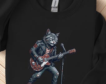 Rock and Roll Cat Shirt Electric Guitar Kitty Tee  Gift for Him Her Cool Animal Band Shirt Vintage Distressed Graphic Sweatshirt