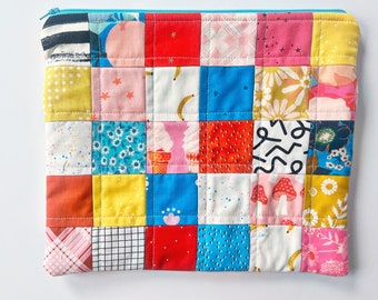 LARGE Bright & Happy Patchwork Pouch No. 17 Zip Pouch, Makeup Pouch, Planner Pouch