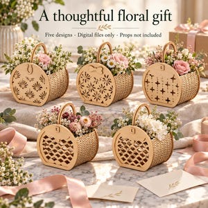 May include: Five round wooden baskets with laser-cut patterns and handles, each filled with various floral arrangements. The text reads: A thoughtful floral gift. Five designs. Digital files only. Props not included.