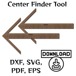 Peut inclure: Un outil de recherche de centre marron avec des mesures en pouces. L'outil a la forme d'une flèche et porte l'inscription "Inches". L'image comprend également les mots "Center Finder Tool", "TÉLÉCHARGER" et des abréviations de type de fichier.