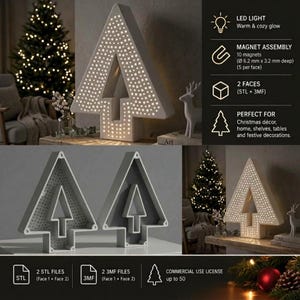 Pode incluir: Uma luminária LED branca em forma de árvore triangular com um padrão de estrelas perfuradas. O design inclui um conjunto magnético com 10 ímanes de 6,2 mm por 3,2 mm. O objeto possui duas faces, fornecidas como ficheiros STL e 3MF.