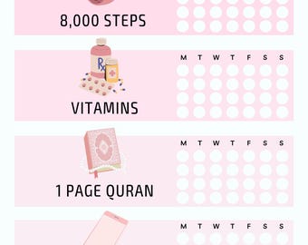 May include: Pink habit tracker with illustrations for 8,000 steps, vitamins, reading 1 page of the Quran, and no scrolling after 11 PM. Includes a weekly checklist and the text "You can do it!"