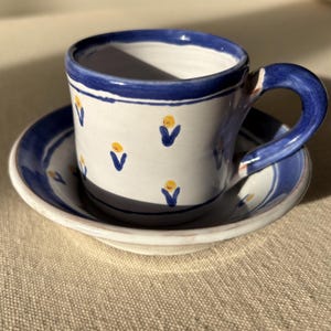 Vintage French Faïence Espresso Cup & Saucer: Hand-Painted Floral Design