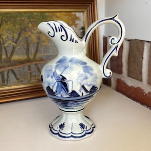 Vintage Delftware Pitcher – Hand-Painted, Made in Holland (c.1950s–70s) 21cm - Traditional Delft Windmill Scene