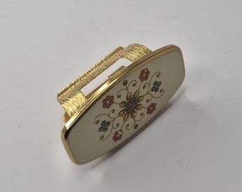 1960's Lipstick Mirror Holder Case Caddy With Flowers in Gold / Retro Vintage