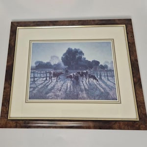 Vintage framed art print featuring cows in field by Elioth Gruner, Spring Frost, 1919
