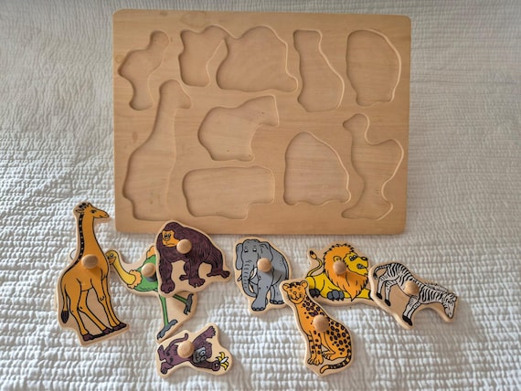Vintage Wooden Animal Zoo Puzzle With Handles - Etsy