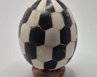 Vintage Black and White Hexagonal Patterned Egg on Stand