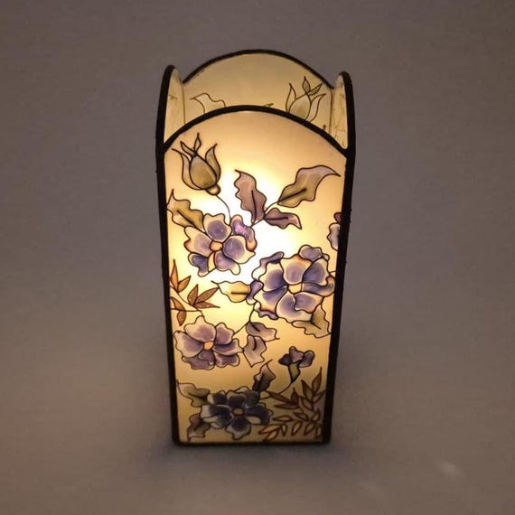 Tall Ornate Stainglass Candle Holder With Purple Flower Floral Detailing Art Deco