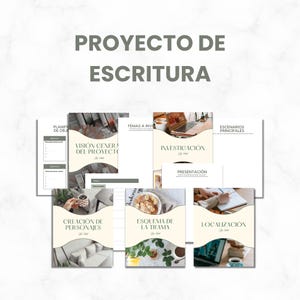 Op de afbeelding: Een set printbare werkbladen voor een schrijfproject. De werkbladen zijn getiteld "Planificación de objetivos", "Visión general del proyecto", "Temas a investigar", "Investigación", "Presentación", "Escenarios principales", "Creación de personajes", "Esquema de la trama", and "Localización".