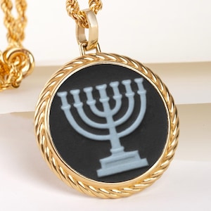 14K Gold Menorah Black & Blue Sardonyx Cameo Necklace, Jewish Religious Intaglio Amulet, Birthday Gift, Hope Charm, Custom Spiritual Pendant