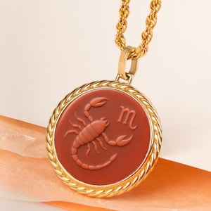 Gold Scorpio Zodiac Sign Necklace, Carnelian Intaglio Jewelry, Scorpion Animal Pendant, Best Friend Gift, Wife Gift, Family Member Gift