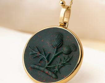 14K Gold Thistle Bloodstone Intaglio Necklace, Scottish Thistle Symbol Pendant, Celtic Flower Pendant, Wax Seal Intaglio Charm, Gift For Her