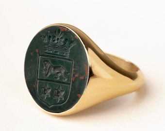 Chevalière en taille-douce avec pierre de sang en or 14 carats, blason familial personnalisé, bague gravée des armoiries, bijoux de famille, chevalière pour homme