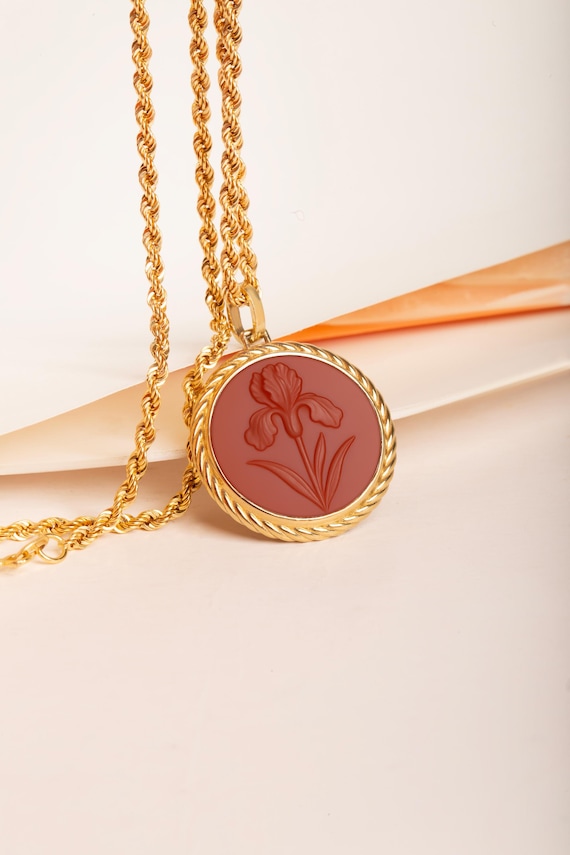 14K Gold Carnelian Iris Necklace, February Flower Amulet, Engraved Gift for Wife, Round Rope Medallion, Custom Carnelian Intaglio Pendant