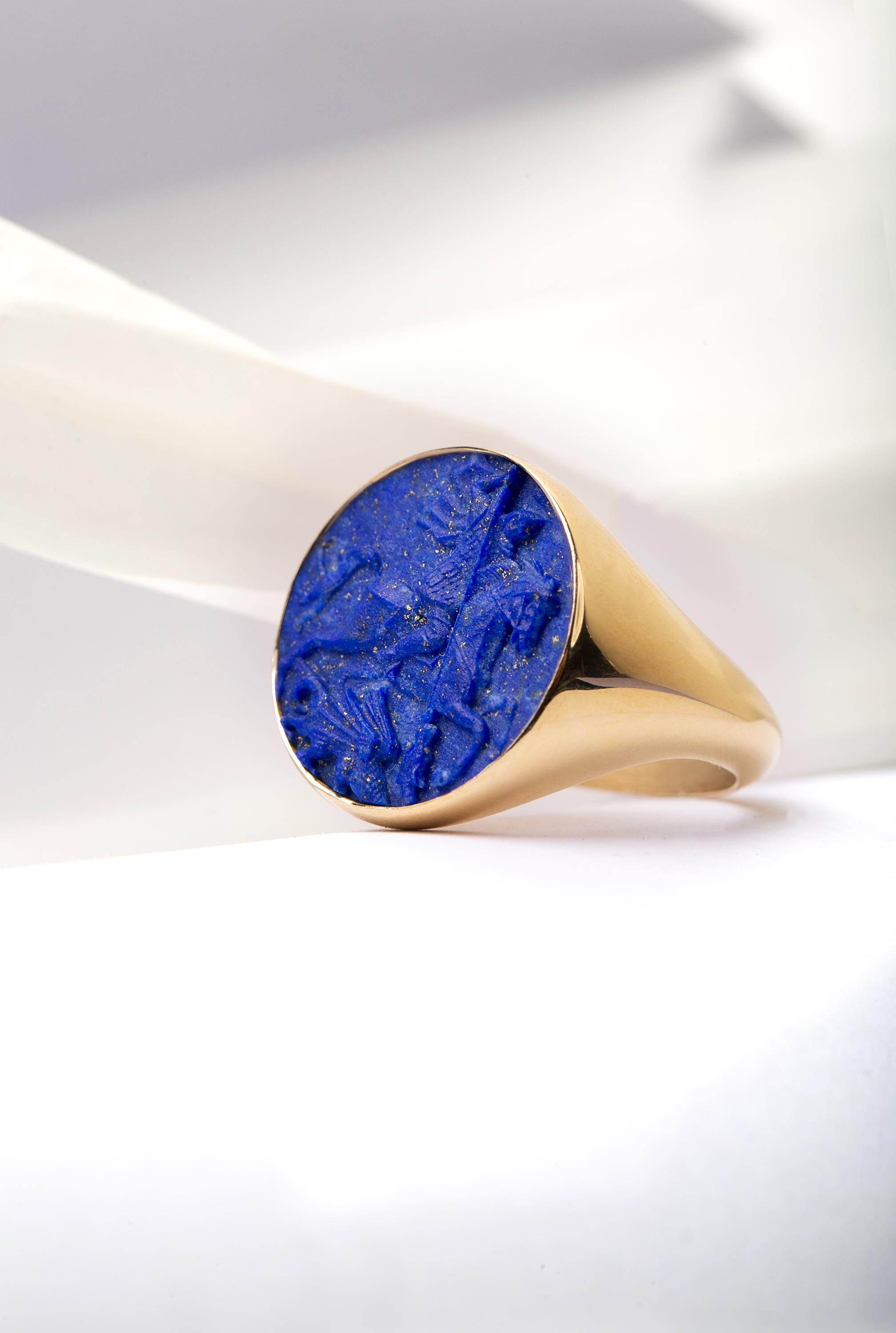 14K Gold Lapis Lazuli Intaglio St George Ring, Gold Signet
