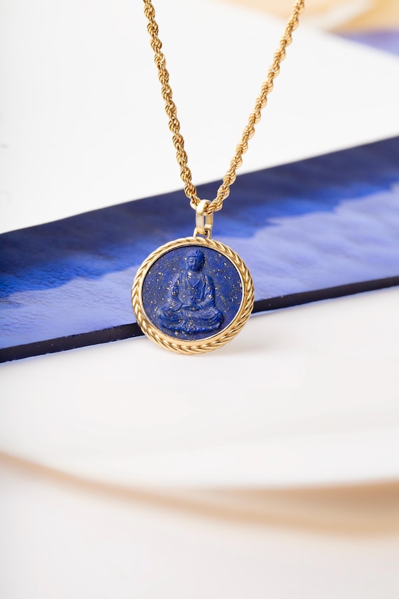 Pendentif corde de bouddha zen lapis en or massif 14 carats