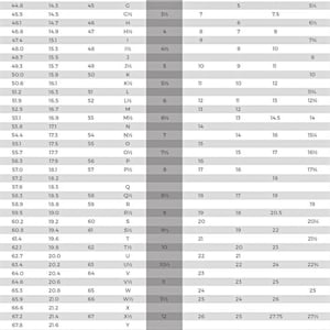 May include: An international ring size chart with measurements in millimeters, including circumference and diameter, and corresponding sizes for various regions like the USA, Europe, and Japan. The text "FIND YOUR RING SIZE" is at the top.