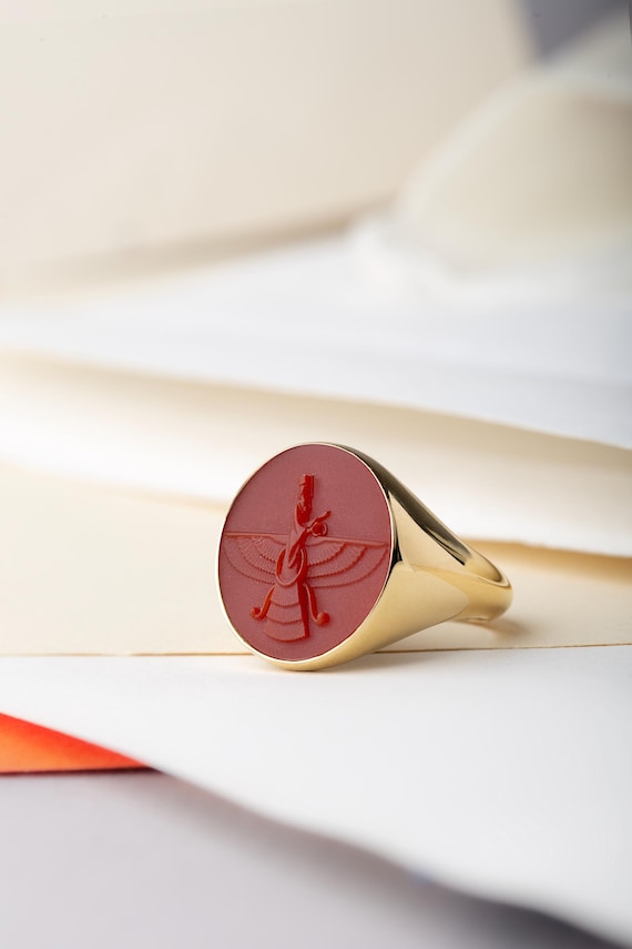 14K Solid Gold Carnelian Intaglio Faravahar Ring, Ancient Persian God Signet Ring, Carved Red Carnelian Ring, Ahura Mazda Protection Amulet