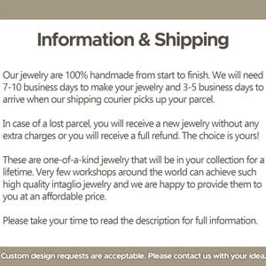 May include: A white rectangular graphic with rounded corners displays the text "Information & Shipping". The text describes handmade jewelry, lost parcel policies, and custom design requests.