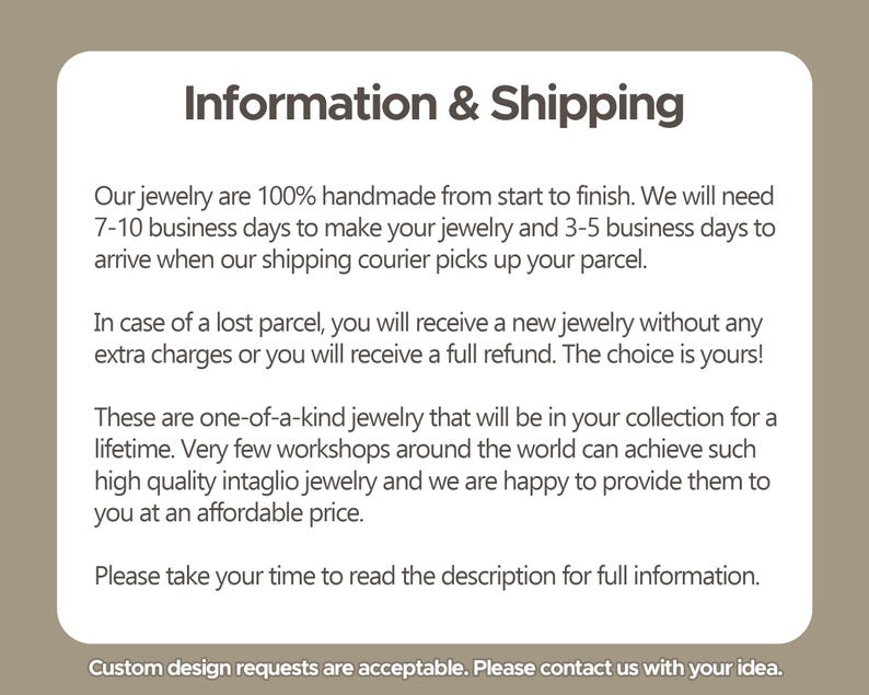 May include: A white rectangular graphic with rounded corners displays the text "Information & Shipping". The text describes handmade jewelry, lost parcel policies, and custom design requests.