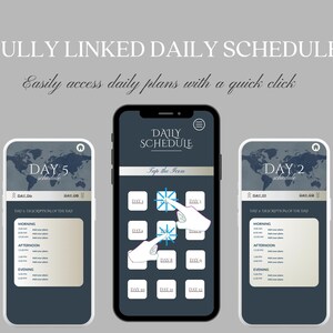 May include: A mobile phone screen displaying a daily schedule app. The app has a grid of numbered days, and the user can tap on a day to view the schedule for that day. The text on the screen reads "DAILY SCHEDULE" and "Tap the Icon".