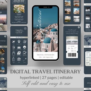 May include: A digital travel itinerary template for Santorini, Greece. The template includes a travel guide, a boarding pass, and a daily itinerary. The template is hyperlinked and editable. The text on the template says "Santorini", "Travel Itinerary", "12th-14th August 2023", "Outbound Your Ticket to Destination", "Boarding Pass", "LGW MAH", "Day 2", and "What to See?"