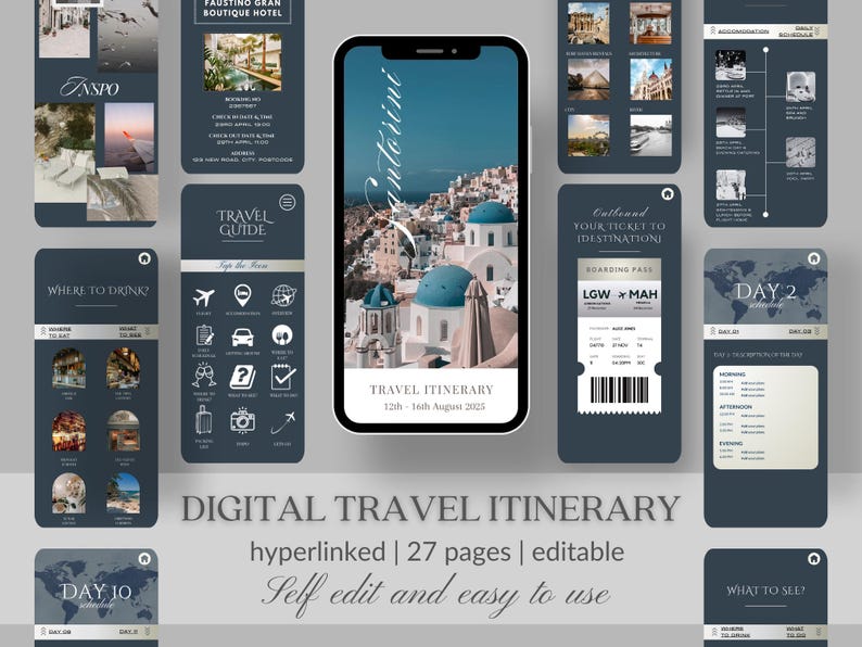 May include: A digital travel itinerary template for Santorini, Greece. The template includes a travel guide, a boarding pass, and a daily itinerary. The template is hyperlinked and editable. The text on the template says "Santorini", "Travel Itinerary", "12th-14th August 2023", "Outbound Your Ticket to Destination", "Boarding Pass", "LGW MAH", "Day 2", and "What to See?"