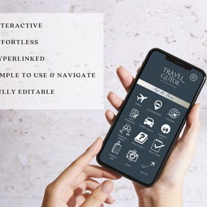 May include: A smartphone displaying a travel guide app with a dark blue background and white icons. The app features a list of travel-related categories, including "Flights", "Accommodation", "Getting Around", "What to Eat", "What to Do", "What to See", "Money Matters", "What to Bring", "Packing List", "Photos", "Departure". The text "Travel Guide" and "Tap the Icons" are displayed on the screen.