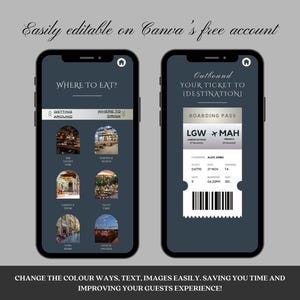 May include: Two smartphone screens showing a mock-up of a travel guide app. The left screen shows a section titled "Where to Eat?" with images of restaurants. The right screen shows a boarding pass with the text "Outbound Your Ticket to [Destination] Boarding Pass LGW MAH".