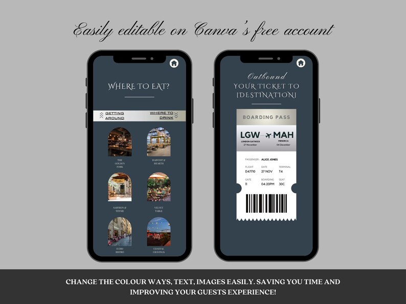May include: Two smartphone screens showing a mock-up of a travel guide app. The left screen shows a section titled "Where to Eat?" with images of restaurants. The right screen shows a boarding pass with the text "Outbound Your Ticket to [Destination] Boarding Pass LGW MAH".