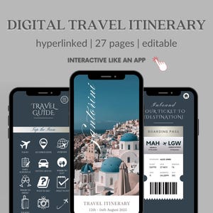 May include: A digital travel itinerary template for Santorini, Greece. The template is interactive and includes a travel guide, a boarding pass, and a photo of the island. The text on the template says "Travel Guide", "Tap the Icon", "Inbound", "Our Ticket to Destination", "Boarding Pass", "MAH LGW", "Travel Itinerary", "12th - 16th August 2025", and "27 NOV".
