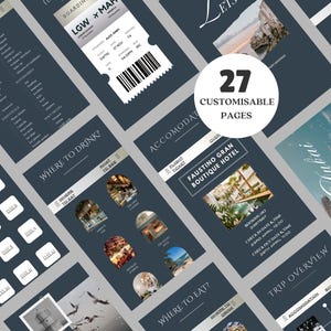 May include: A set of 27 customizable pages for a travel itinerary. The pages are dark blue with white text and images. The pages include sections for accommodation, where to eat, where to drink, and a trip overview. The pages also include a boarding pass, a flight ticket, and a hotel booking confirmation.