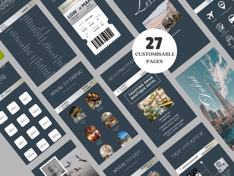 May include: A set of 27 customizable pages for a travel itinerary. The pages are dark blue with white text and images. The pages include sections for accommodation, where to eat, where to drink, and a trip overview. The pages also include a boarding pass, a flight ticket, and a hotel booking confirmation.