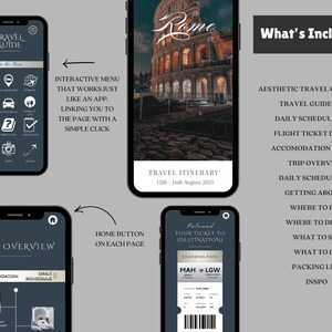 May include: A digital travel guide for Rome, Italy. The guide includes an interactive menu, a travel itinerary, a trip overview, and a boarding pass. The guide is designed to be used on a mobile device.