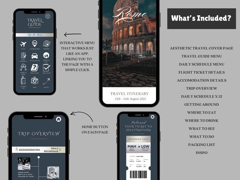 May include: A digital travel guide for Rome, Italy. The guide includes an interactive menu, a travel itinerary, a trip overview, and a boarding pass. The guide is designed to be used on a mobile device.