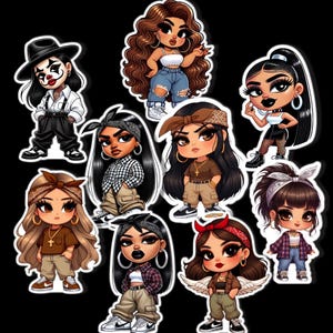 K&ouml;nnte beinhalten: Ein Set mit neun Cartoon-Stickern, die Frauen mit verschiedenen Frisuren, Kleidung und Accessoires zeigen. Die Sticker sind in verschiedenen Farben, darunter Schwarz, Wei&szlig;, Rot, Blau und Gr&uuml;n.