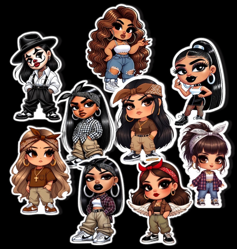K&ouml;nnte beinhalten: Ein Set mit neun Cartoon-Stickern, die Frauen mit verschiedenen Frisuren, Kleidung und Accessoires zeigen. Die Sticker sind in verschiedenen Farben, darunter Schwarz, Wei&szlig;, Rot, Blau und Gr&uuml;n.