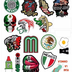 K&ouml;nnte beinhalten: Eine Sammlung von 15 bunten Aufklebern mit mexikanischen Motiven. Die Aufkleber zeigen Bilder eines Sch&auml;dels, eines Herzens, einer Karte, eines Baumes, einer Flagge, eines Vogels, eines Buchstabens A, einer Blume, eines Mundes, eines Schildes, eines Flip-Flops und die Worte "Mexiko" und "American Grown Mexican Roots".