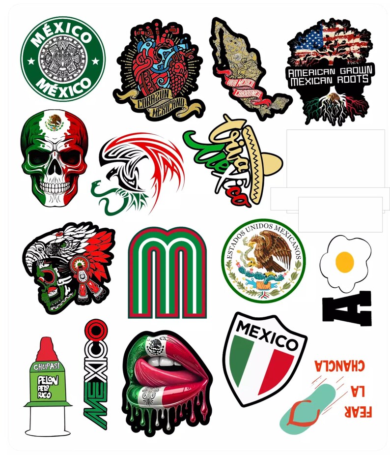 K&ouml;nnte beinhalten: Eine Sammlung von 15 bunten Aufklebern mit mexikanischen Motiven. Die Aufkleber zeigen Bilder eines Sch&auml;dels, eines Herzens, einer Karte, eines Baumes, einer Flagge, eines Vogels, eines Buchstabens A, einer Blume, eines Mundes, eines Schildes, eines Flip-Flops und die Worte "Mexiko" und "American Grown Mexican Roots".