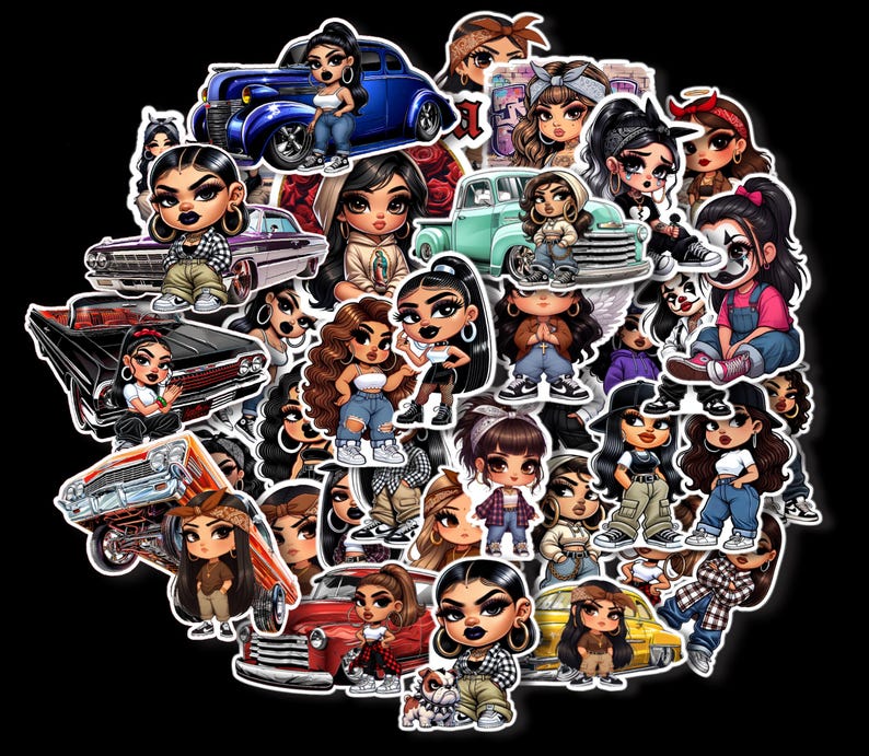 K&ouml;nnte beinhalten: Eine bunte Sticker-Tafel mit verschiedenen Comicfiguren, darunter Frauen und M&auml;dchen, mit Autos und anderen Fahrzeugen. Die Figuren tragen bunte Kleidung und Accessoires. Die Sticker eignen sich perfekt zum Dekorieren von Laptops, Wasserflaschen und anderen Gegenst&auml;nden.