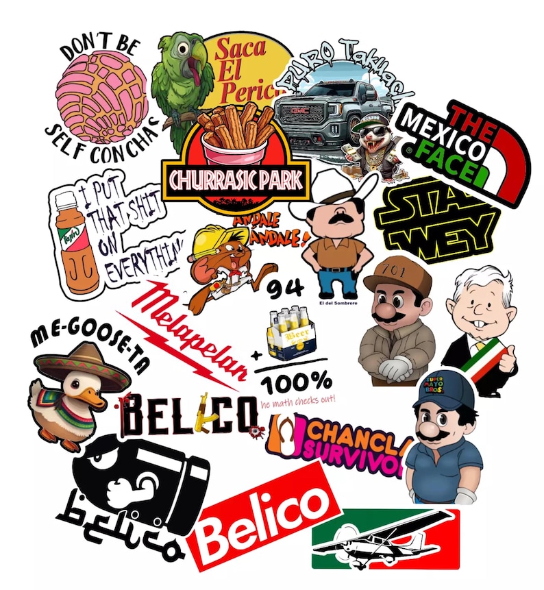 K&ouml;nnte beinhalten: Eine Sammlung bunter Aufkleber mit verschiedenen Designs, darunter eine Comic-Ente, ein LKW, eine Figur aus dem Videospiel Super Mario Bros., ein gr&uuml;ner Papagei, ein Churro, ein mexikanisches s&uuml;&szlig;es Brot und ein Flugzeug. Die Aufkleber haben Text in Englisch und Spanisch, darunter "Don't Be Self Conchas", "Saca El Peric", "Puro Takllach", "The Mexico Face", "Stay Wey", "I Put That Shit On Everything", "Andale Andale", "94", "Melapelan", "100%", "Belico", "Chancla Survivor" und "Me-Goose-Ta".