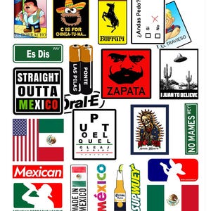 K&ouml;nnte beinhalten: Eine Sammlung bunter Aufkleber mit mexikanischen Motiven, darunter eine Comicfigur, eine Flagge, ein Schild mit der Aufschrift "Straight Outta Mexico" und eine Bierflasche.