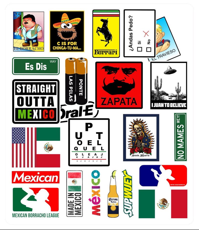 K&ouml;nnte beinhalten: Eine Sammlung bunter Aufkleber mit mexikanischen Motiven, darunter eine Comicfigur, eine Flagge, ein Schild mit der Aufschrift "Straight Outta Mexico" und eine Bierflasche.
