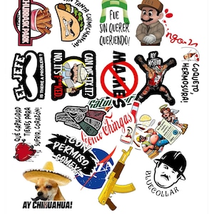 K&ouml;nnte beinhalten: Eine Sammlung bunter Aufkleber mit verschiedenen Designs, darunter ein Taco, eine Comicfigur, ein Wrestler, ein Chihuahua und eine Waffe. Die Aufkleber befinden sich auf einem wei&szlig;en Hintergrund.