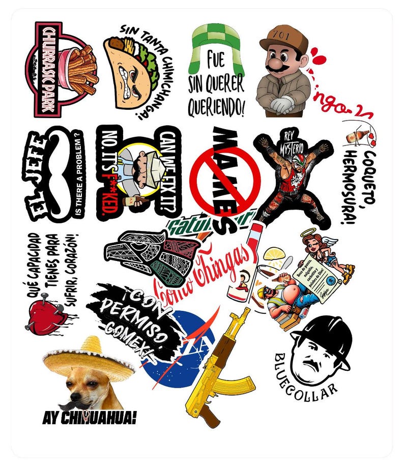 K&ouml;nnte beinhalten: Eine Sammlung bunter Aufkleber mit verschiedenen Designs, darunter ein Taco, eine Comicfigur, ein Wrestler, ein Chihuahua und eine Waffe. Die Aufkleber befinden sich auf einem wei&szlig;en Hintergrund.