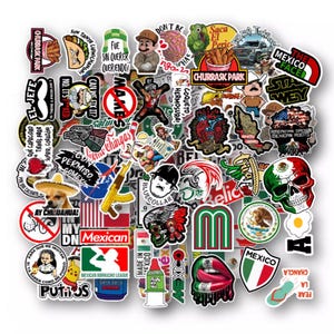 May include: A collection of colorful stickers featuring Mexican-themed designs, including phrases in Spanish, skulls, flags, and cartoon characters. The stickers are perfect for decorating laptops, water bottles, and other surfaces.