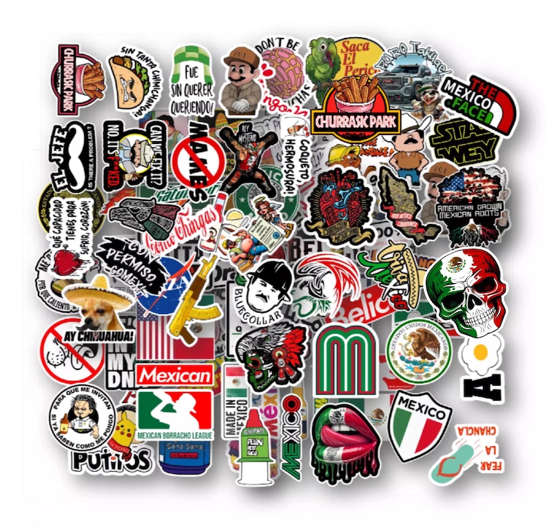 K&ouml;nnte beinhalten: Eine Sammlung bunter Aufkleber mit mexikanischen Motiven, darunter spanische S&auml;tze, Totenk&ouml;pfe, Flaggen und Comicfiguren. Die Aufkleber eignen sich perfekt zum Dekorieren von Laptops, Wasserflaschen und anderen Oberfl&auml;chen.