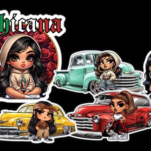 K&ouml;nnte beinhalten: Vier bunte Aufkleber mit Comic-Frauen mit verschiedenen Frisuren und Outfits, jede neben einem Oldtimer stehend. Der Text "Chicana" ist in gr&uuml;nen Buchstaben auf einem der Aufkleber zu sehen.
