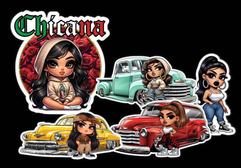 K&ouml;nnte beinhalten: Vier bunte Aufkleber mit Comic-Frauen mit verschiedenen Frisuren und Outfits, jede neben einem Oldtimer stehend. Der Text "Chicana" ist in gr&uuml;nen Buchstaben auf einem der Aufkleber zu sehen.